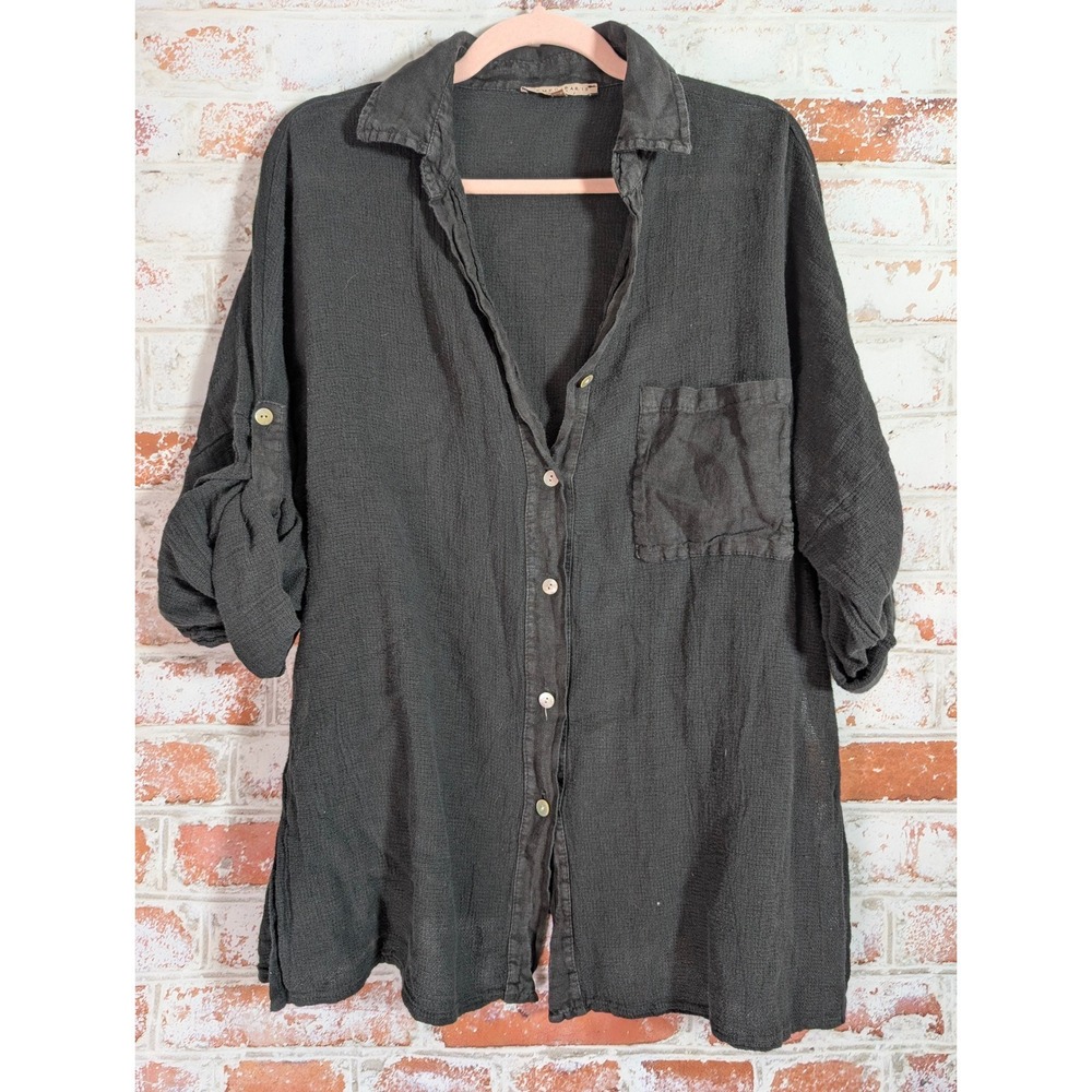Tempo Paris Button Down Shirt Womens S Black Linen Blend Roll Tab Sleeve 5538